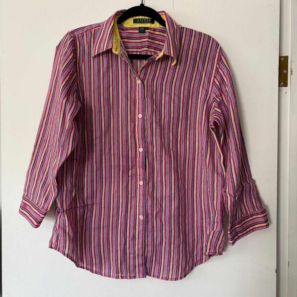 Lauren Ralph Lauren Women's Sz‎ Large 100% Linen Pink Striped Button Up Shirt